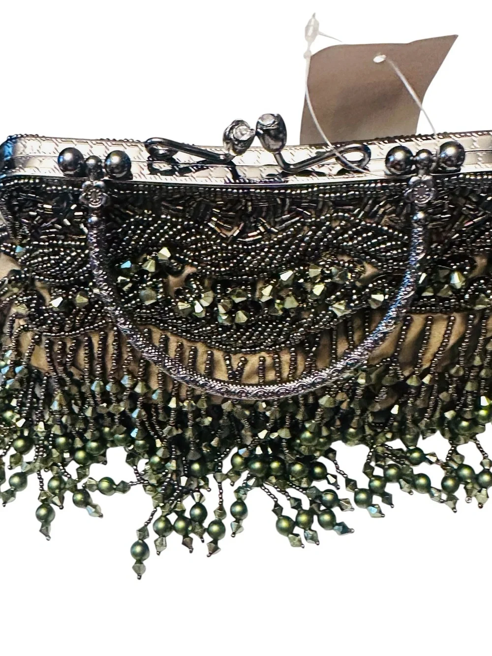Olive Green Satin Beaded Mary Frances Inspired design Clutch/Purse with chain NW